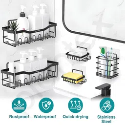 Plantex No Drill Bathroom Organiser Set of 5 Pieces with Self Adhesive Bathroom Shelves/Soap Stands/Toothbrush and Paste Holder - Black, Pack of 5 image 2