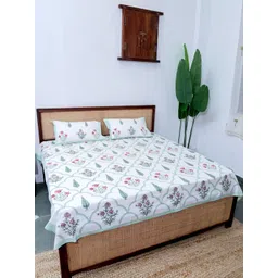 Plarsh Comfort White & Green Floral 300 TC King Bedsheet with 2 Pillow Covers-picture-36