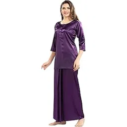 play loungewear Women's Lungi Kurta Nighty Solid Satin Round Neck 3/4th Sleeve Kurta and Skirt Night Dress Two Piece Co-ord Set-picture-43