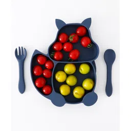 play nation Squirrel Shape Baby Silicone Feeding Set Suction Base Sectioned Plate With Silicone Spoon & Fork - Blue- Blue-picture-17