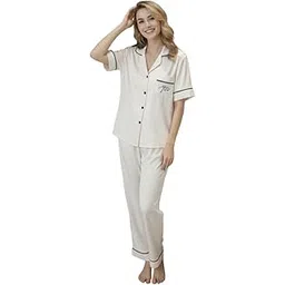 pleasing strings Women's Silk Satin Collared Half Sleeve Button Down Pj Set Loungewear-picture-16