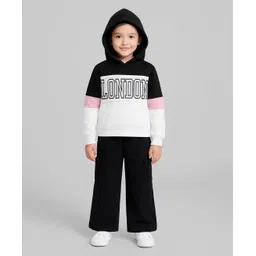 Plum Tree 100% Cotton Knit Full Sleeves Colour Blocked & London Text Printed Winter Hooded Sweatshirt With Cargo Pant Set - White & Black-picture-23