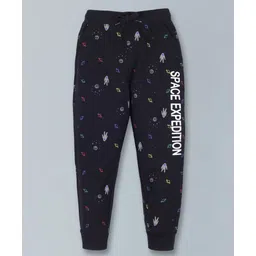 Plum Tree All Over Planet & Astronaut With Space Expedition Text Placement Printed Track Pant - Black-picture-13