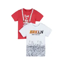 PLUM TREE Boys Set Of 2 Red & White Printed Pure Cotton T-shirt-picture-30