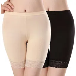 plumbury Pack of 2 Solid Women Black, Beige Cycling Shorts-picture-11