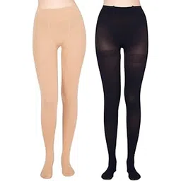 plumbury Strechable High Waist Pantyhose Opaque Stocking Tights For Women, Black/Beige (Pack Of 2)-picture-12