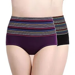 plumbury Women's Cotton High Waist Full Coverage Tummy Control Panty (Pack of 2) Purple/Black-picture-31