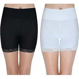 plumbury Women’s Ice Silk High Waist Tummy Control Seamless Boyshort Panties/Cycling Shorts with Lace, Free Size (Pack of 2) Black/White-picture-42