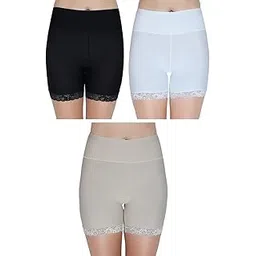 plumbury Women’s Ice Silk High Waist Tummy Control Seamless Boyshort Panties/Cycling Shorts with Lace, Free Size (Pack of 3) Black/White/Beige-picture-12