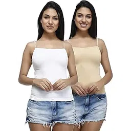 plumbury Women's Padded Cotton Adjustable Camisole with Built-in Shelf Bra (Pack of 2) Beige/White, Size 36-picture-38