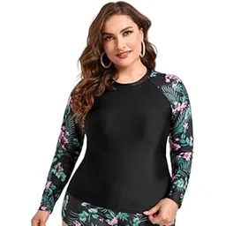 Plus Tropical Print Raglan Sleeve High Neck Tankini Top - XL - 8XL-image-37