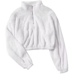 Plush Fleece Half-Zip Crop Sweatshirt for Women | White Long Sleeve Pullover with Mock Neck | Cozy Winter Casual Wear-picture-26