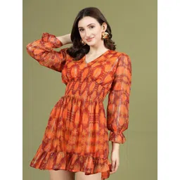 plusS Abstract Print V-Neck Puff Sleeve Fit & Flare Dress image 4