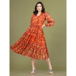 plusS Abstract Print V-Neck Puff  Sleeve Wrap Midi Dress-picture-12