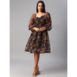 plusS Black & Orange Floral Puff Sleeves A-Line Dress-picture-17