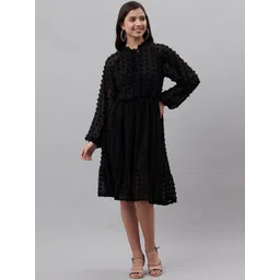 plusS Black Dobby Weave Tie-Up Neck A-Line Dress-picture-30