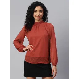 plusS High Neck Puff Sleeves Georgette Top With Lace Inserts-image-0