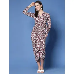 plusS Maroon Floral Printed Shirt Collar Gathered Detailed Warp Midi Dress-picture-31