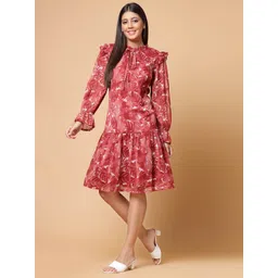 plusS Maroon Floral Printed Tie-Up Neck Puff Sleeves Ruffles Flounce Hem Drop-Waist Dress-picture-35