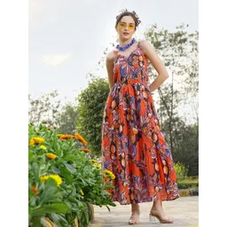 plusS Orange Floral Printed V-Neck Flared Maxi Dress-picture-33