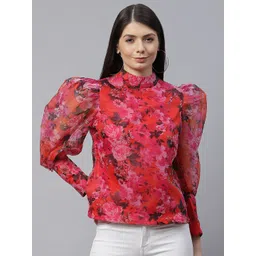 plusS Pink Floral Print Mandarin Collar Top-picture-11