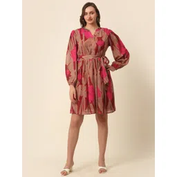 plusS Pink Floral Printed Puff Sleeves Fit & Flare Dress With Belt-picture-11