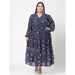 plusS Plus Size Navy Blue, Pink & White Floral Printed Puff Sleeves Fit & Flare Maxi Dress-picture-23