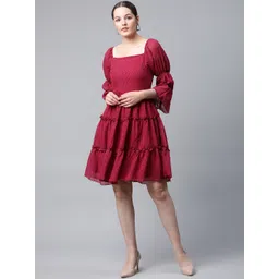 plusS Red Self Design Bell Sleeves A-Line Tiered Dress-picture-35