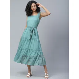 plusS Serene Green Solid Tiered A-Line Midi Dress image 1
