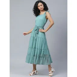 plusS Serene Green Solid Tiered A-Line Midi Dress image 3