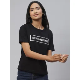 plusS Women Black & White Typography Printed Monochrome Cotton T-shirt-picture-13