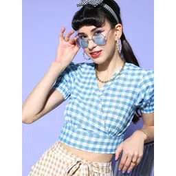 plusS Women Blue & White Pure Cotton Summer Checks Crop Wrap Top-picture-40