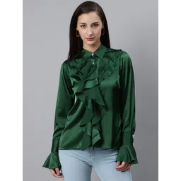 plusS Women Elegant Green Ruffle Detail Partywear Shirt-picture-41