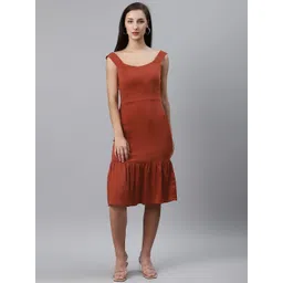 plusS Women Rust Brown Solid A-Line Dress-picture-11