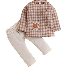 Baby Cotton Linen Outfit | Full Sleeve Checkered Top with Side Buttons & Pants | Soft & Breathable Unisex Dress for Infants & Toddlers-image-19