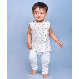 Polka Tots 100% Super Soft Cotton Sleeveless Elephant Print Jhabla And Pant Set - White-picture-15