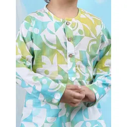 Polka Tots Boys Geometric Printed Mandarin Collar Pure Cotton Straight Kurta With Pyjamas image 4