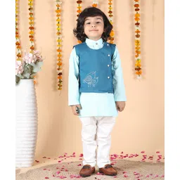 Polka Tots Cotton Full Sleeves Solid Kurta Pyjama With Bird  Embroidered Jacket - Blue-picture-25