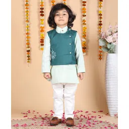 Polka Tots Cotton Full Sleeves Solid Kurta Pyjama With Floral  Embroidered Jacket - Green-picture-24