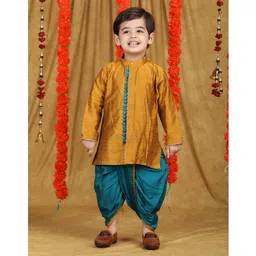 Polka Tots Cotton Full Sleeves Solid Kurta With Dhoti - Golden-picture-23