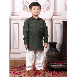 Polka Tots Cotton Full Sleeves Solid Pathani Style Kurta & Pyjama Set - Green-picture-27