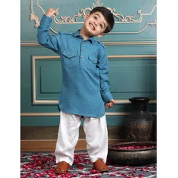 Polka Tots Cotton Full Sleeves Solid Pathani Style Kurta & Pyjama Set - Turquoise-picture-19