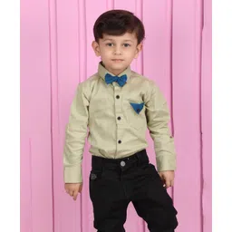 Polka Tots Cotton Full Sleeves Solid  Shirt With Attached Bow Tie  - Beige image 1