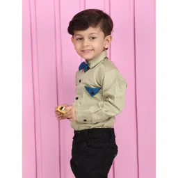 Polka Tots Cotton Full Sleeves Solid  Shirt With Attached Bow Tie  - Beige image 4