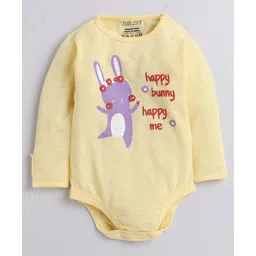 Polka Tots Cotton Knit Full Sleeves Happy Bunny Happy Me Text Printed Onesie - Yellow-picture-12