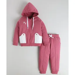 Polka Tots Cotton Knit Full Sleeves Solid Hooded Jacket & Joggers Set - Mauve-picture-41