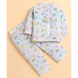 Polka Tots Cotton Woven Full Sleeves Tiny Town Printed Jhabla & Coordinating Pant Set - White-picture-13