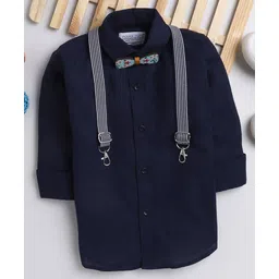 Polka Tots Full Sleeves Solid Party Shirt With Wood Bow Tie & Striped Suspender - Blue-picture-27