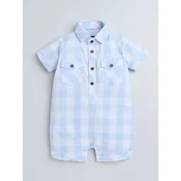 Polka Tots Unisex Kids Blue Half Sleeve Checks Print Shirt Romper With Bow-image-5