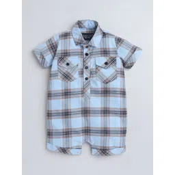 Polka Tots Unisex Kids Blue Half Sleeve Checks Print Shirt Romper With Bow-image-45